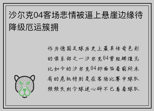 沙尔克04客场悲情被逼上悬崖边缘待降级厄运簇拥