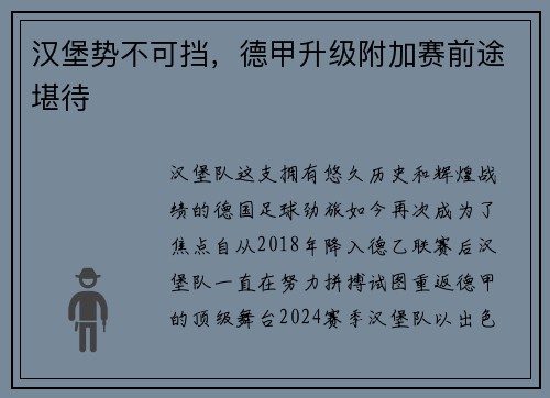 汉堡势不可挡，德甲升级附加赛前途堪待